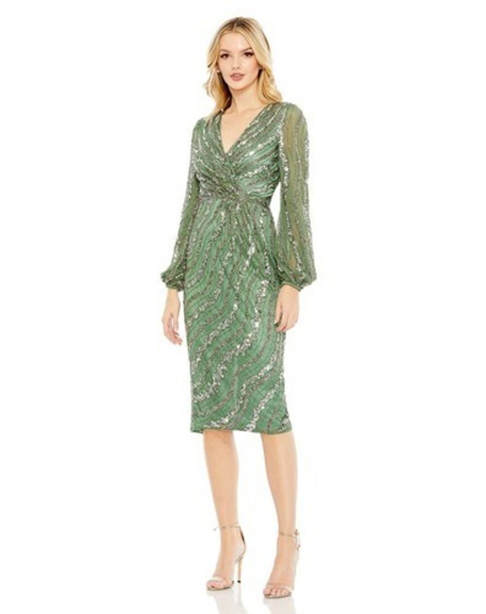 MAC DUGGAL Style #5573 $498 embellished long-sleeve midi dress in sage green 14